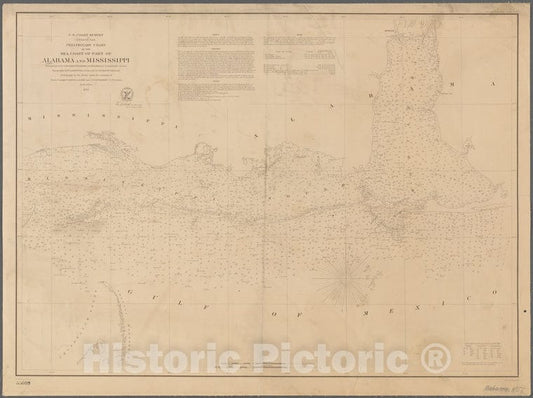 Historic 1856 Map - Preliminary Chart Of The Sea Coast Of Part Of Alabama And Mississippi - Alabama - Mississippimaps Of North America. - Vintage Wall Art