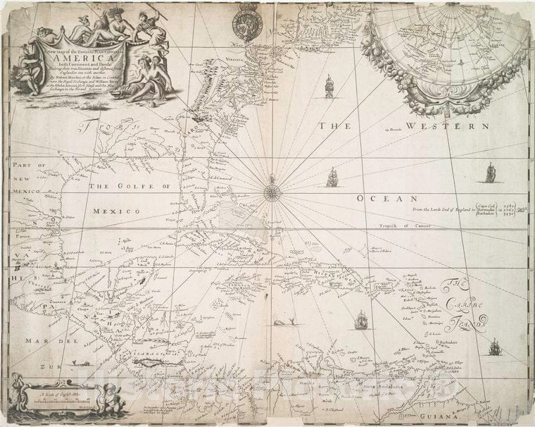 Historic Map - 1675 The English Plantations In America. - Vintage Wall Art