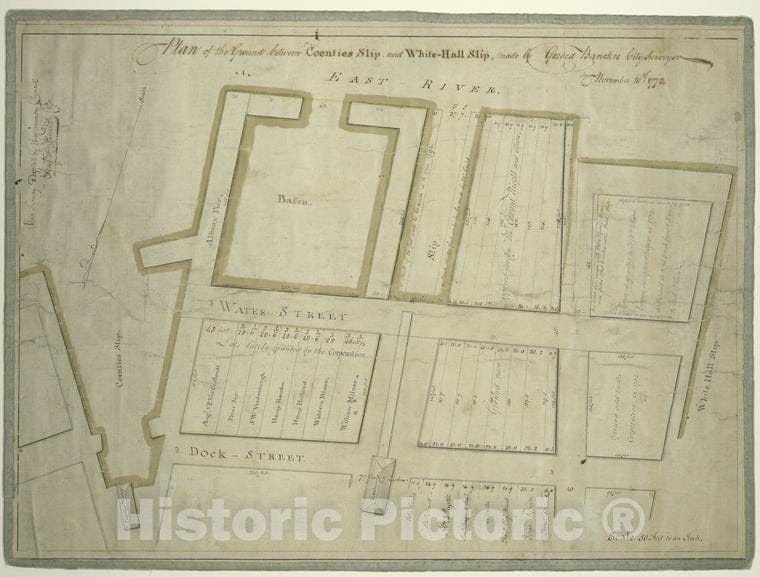 Historic 1772 Map - Plan Of The Ground Between Coenties Slip And White-Hall Slip - New York (State) - New York - New York (N.Y.) American Historical Prints. - Vintage Wall Art