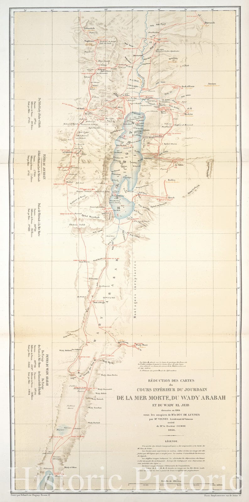 Historic Map - Ca.1874 Dead Sea (Israel And Jordan), Reduction Des Cartes Du Cours Inferieur Du Jourdain De La Mer Morte, Du Wady Arabah Et Du Wady El Jeib - Vintage Wall Art
