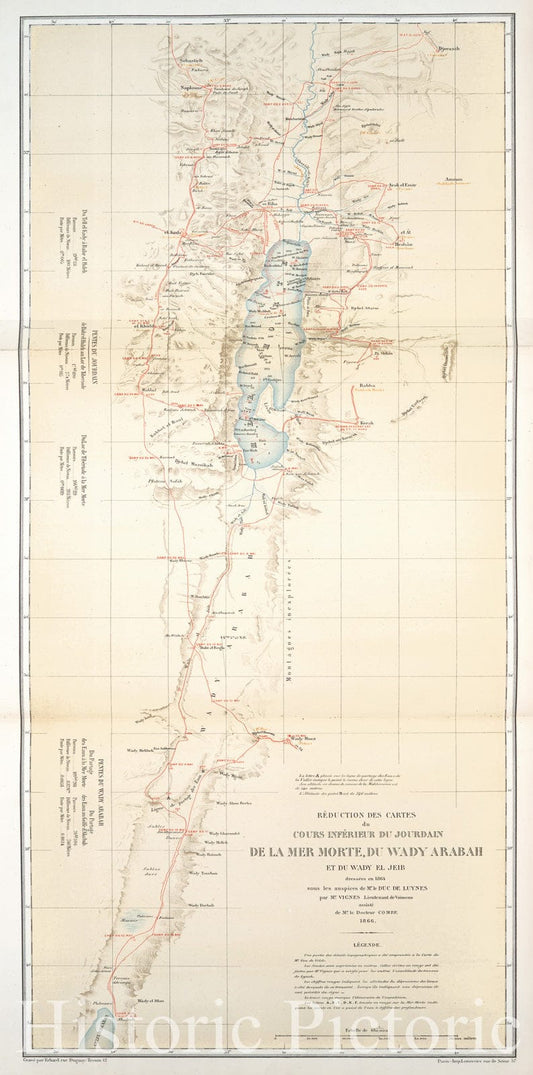 Historic Map - Ca.1874 Dead Sea (Israel And Jordan), Reduction Des Cartes Du Cours Inferieur Du Jourdain De La Mer Morte, Du Wady Arabah Et Du Wady El Jeib - Vintage Wall Art