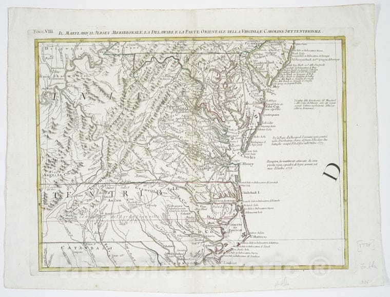 Historic 1778 Map - Il Maryland, Il Jersey Meridionale, La Delaware E La Parte Orien - Vintage Wall Art, v2