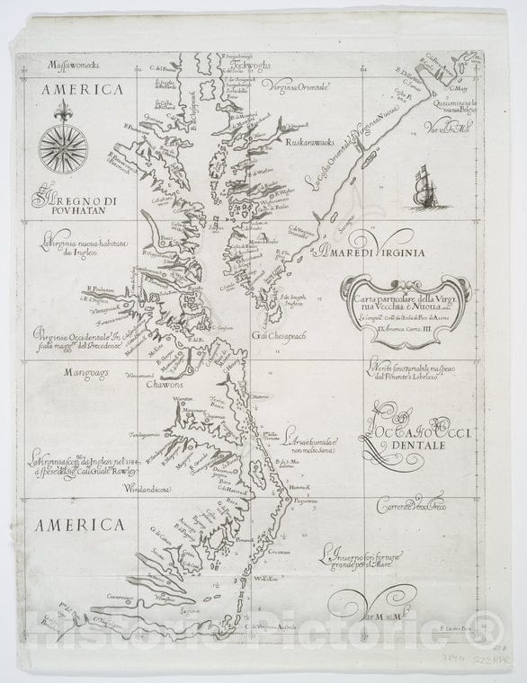 Historic 1647 Map - Carta Particolare Della Virginia Vecchia E Nuoua : La Longitune - Vintage Wall Art
