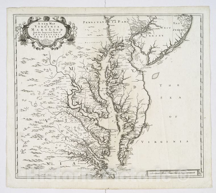Historic 1685 Map - A New Map Of Virginia, Mary-Land And The Improved Parts Of Penn- - Vintage Wall Art