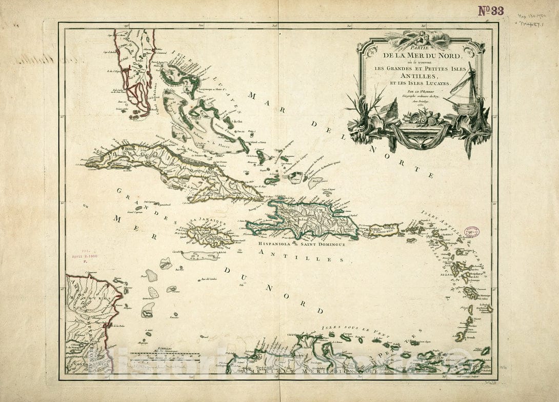 Historical Map, 1750 Partie de la mer du Nord, Oui' se trouvent les Grandes et Petites Isles Antilles, et les Isles Lucayes, Vintage Wall Art