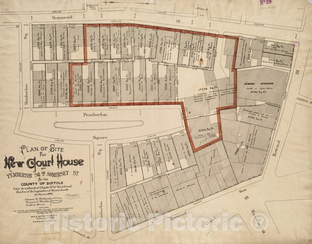 Historical Map, 1885 Plan of site for New Court House on Pemberton Sq. and Somerset St. for The County of Suffolk : Taken by Authority of Chapter 377, Vintage Wall Art