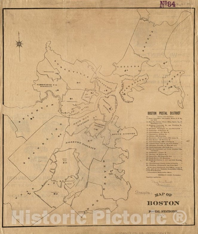 Historical Map, 1891 Map of Boston Postal Stations, Vintage Wall Art