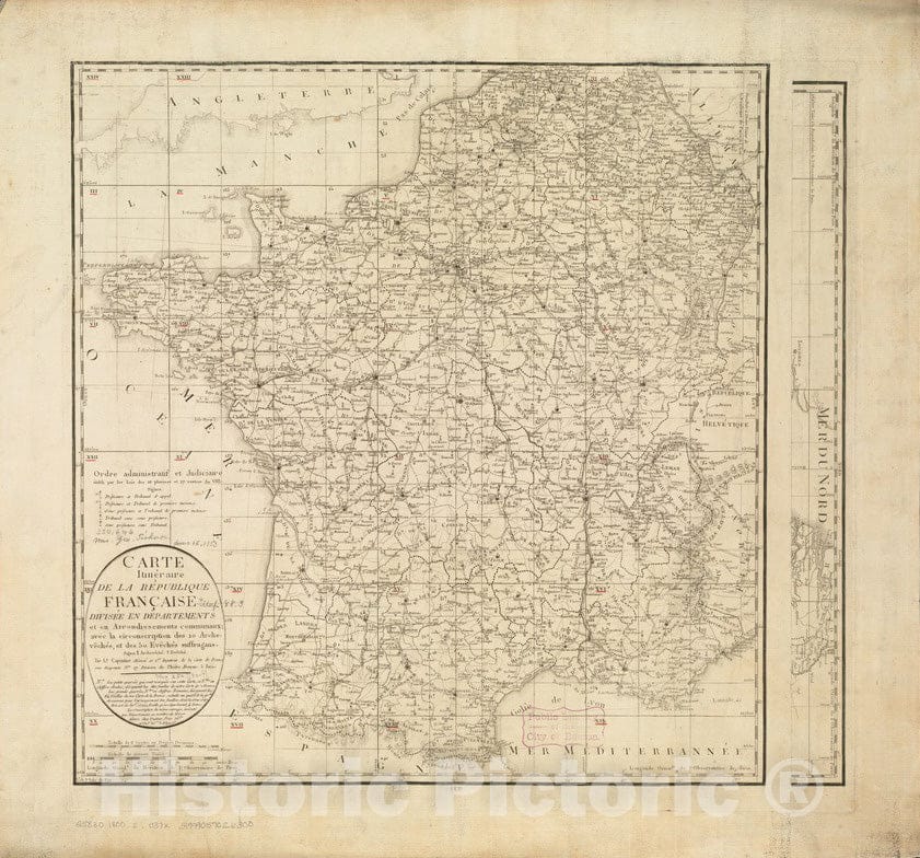 Historical Map, 1800 Carte itineIraire de la ReIPublic Francaise diviseIe en Departments et en arrondissements communaux : avec la circonscription des 10, Vintage Wall Art