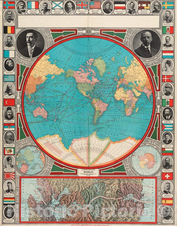 Historical Map, 1913 Spherical Projection World, Vintage Wall Art