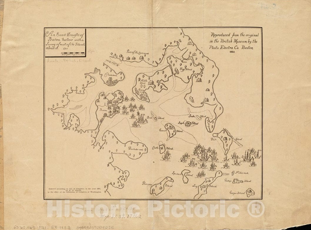 Historical Map, 1883 an Exact Draught of Bostone Harbour with a Survey of Most of The Islands About it, Vintage Wall Art