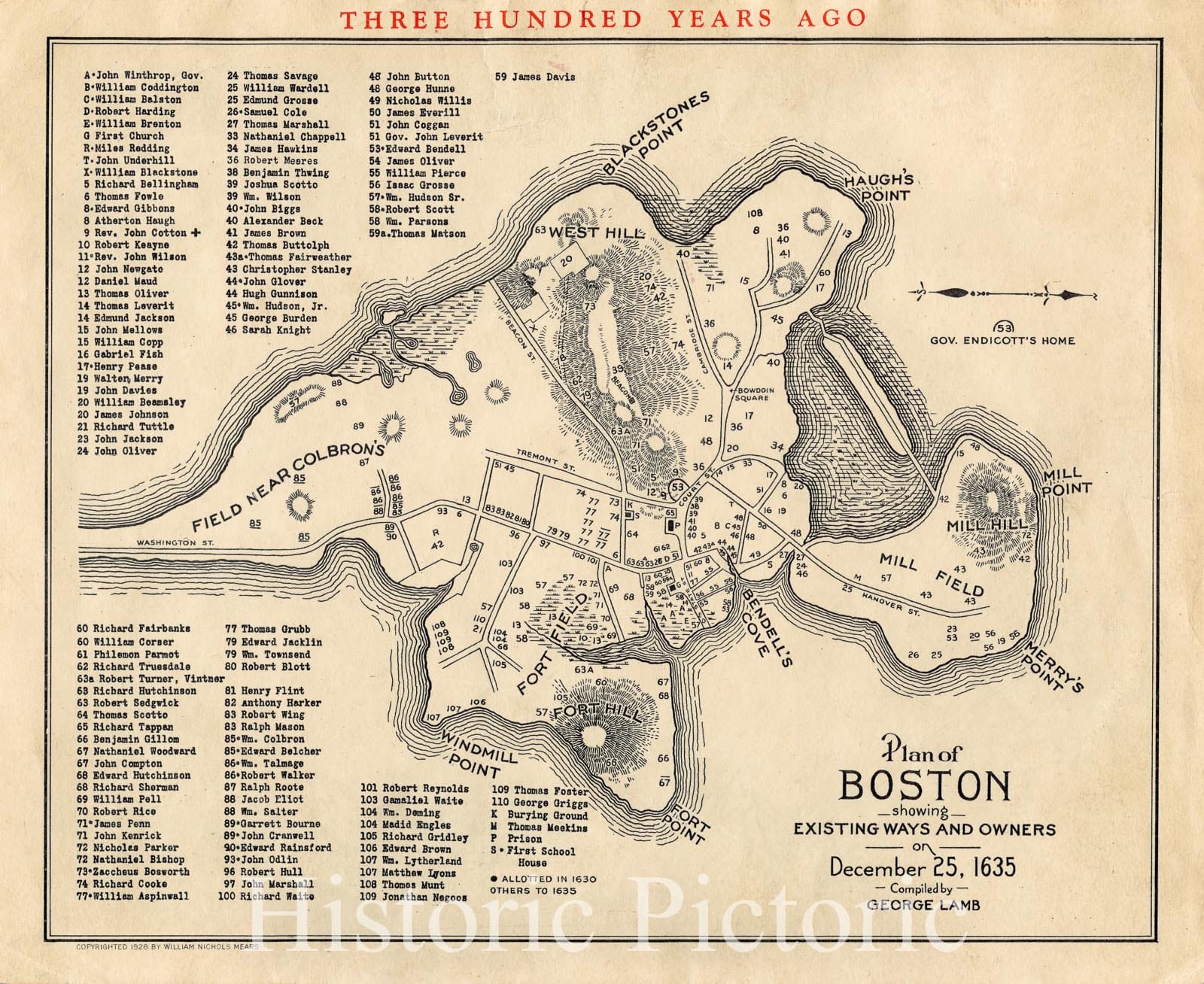 Historical Map, Plan of Boston Showing existing Ways and Owners on December 25, 1635, Vintage Wall Art : 5131621