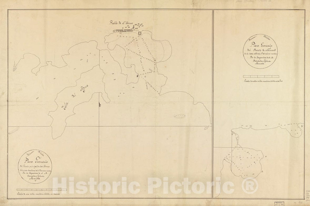 Historical Map, 1793 Plano geomeItrico del Puerto Principal de San Tomas en la Costa meridional de la ya. del mismo nombre, Vintage Wall Art