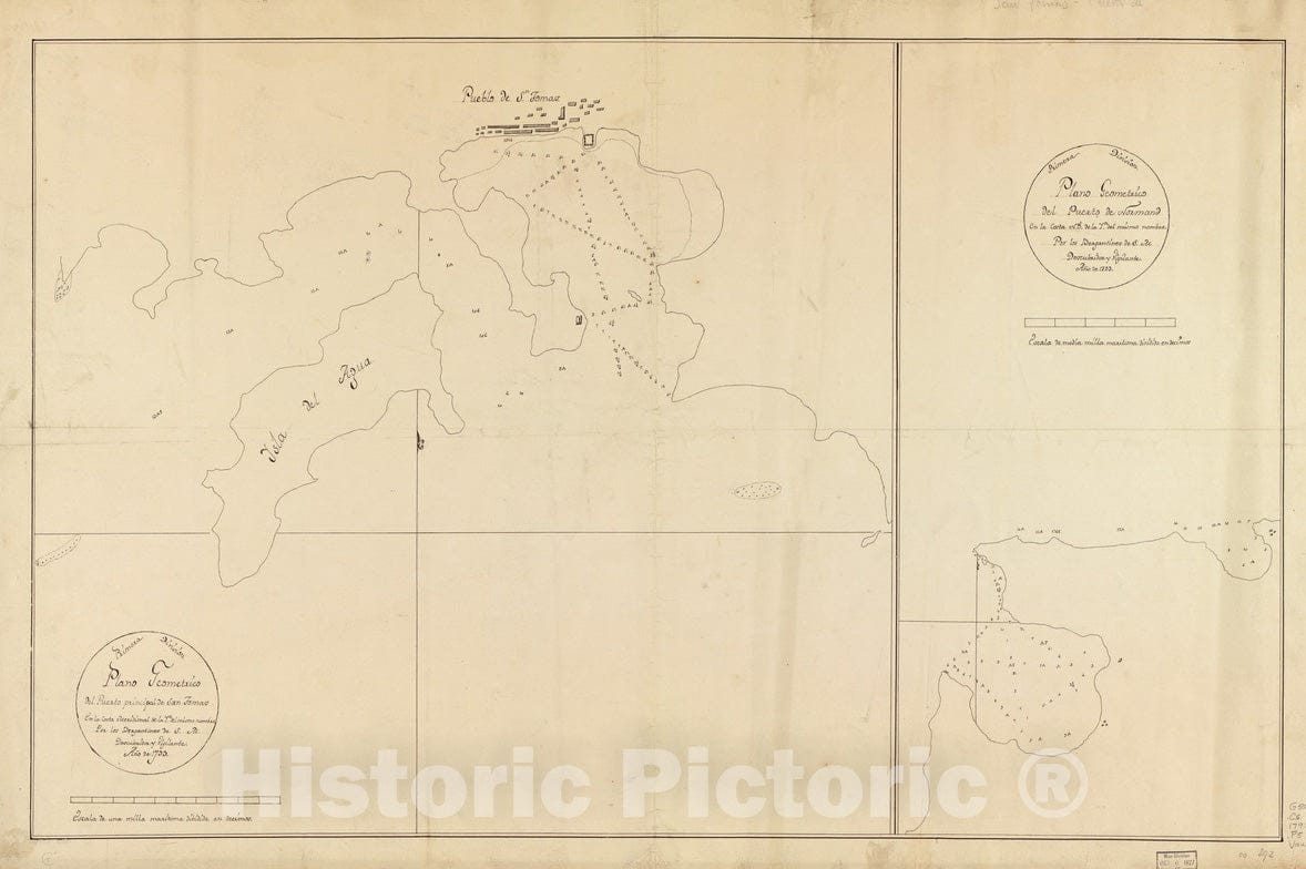 Historical Map, 1793 Plano geomeItrico del Puerto Principal de San Tomas en la Costa meridional de la ya. del mismo nombre, Vintage Wall Art
