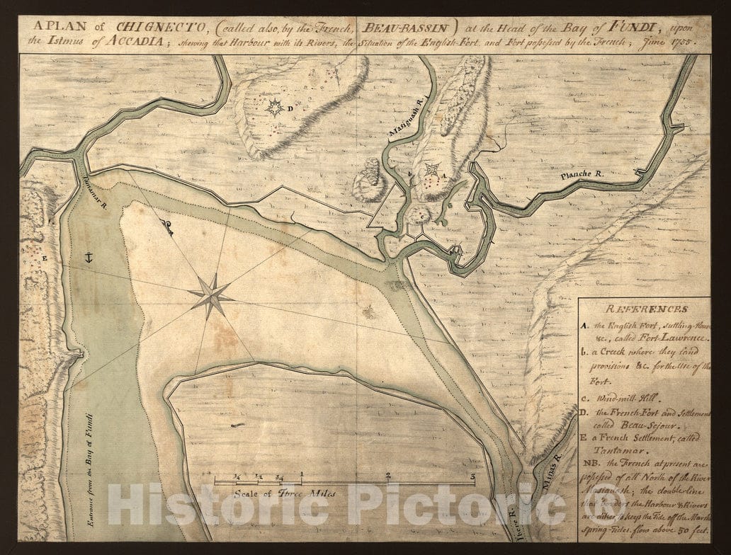 Historical Map, 1755 A Plan of Chignecto (Called Also by The French Beau-Bassin) at The Head of The Bay of Fundi Upon The Istmus of Accadia shewing That Harbour, Vintage Wall Art