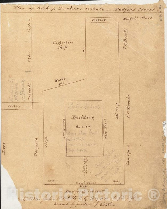 Historical Map, 1843 Plan of Bishop Parker's Estate Bedford Street, Vintage Wall Art