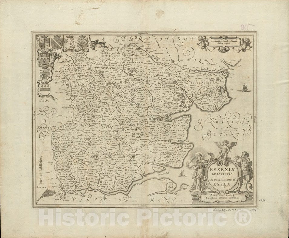 Historical Map, 1646-1680 Essexiae descriptio = The Description of Essex, Vintage Wall Art