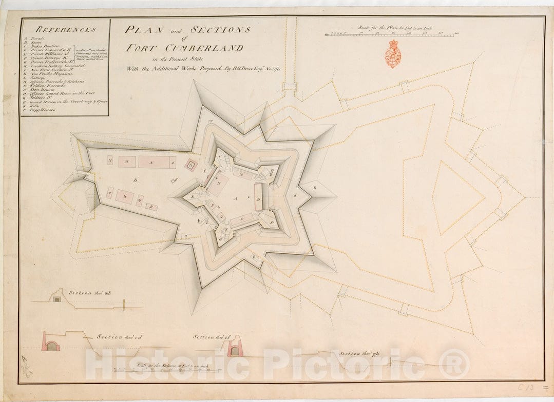 Historical Map, 1761 Plan and Sections of Fort Cumberland in its Present State with The Additional Works Proposed, Vintage Wall Art