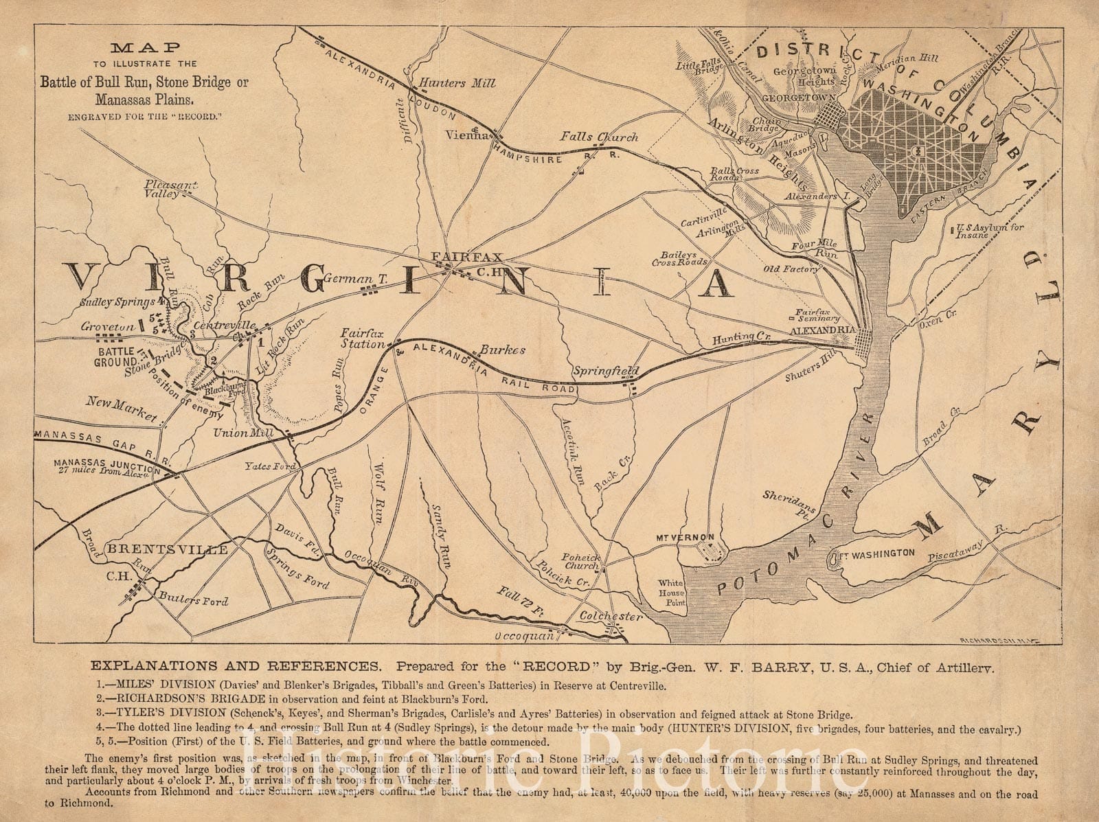 Historical Map, 1862 Map to illustrate The Battle of Bull Run, Stone Bridge or Manassas Plains, Vintage Wall Art