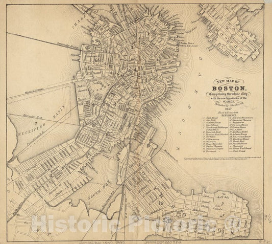 Historical Map, 1857 New map of Boston, comprising The Whole City, with The New Boundaries of The wards, Vintage Wall Art : 5131659