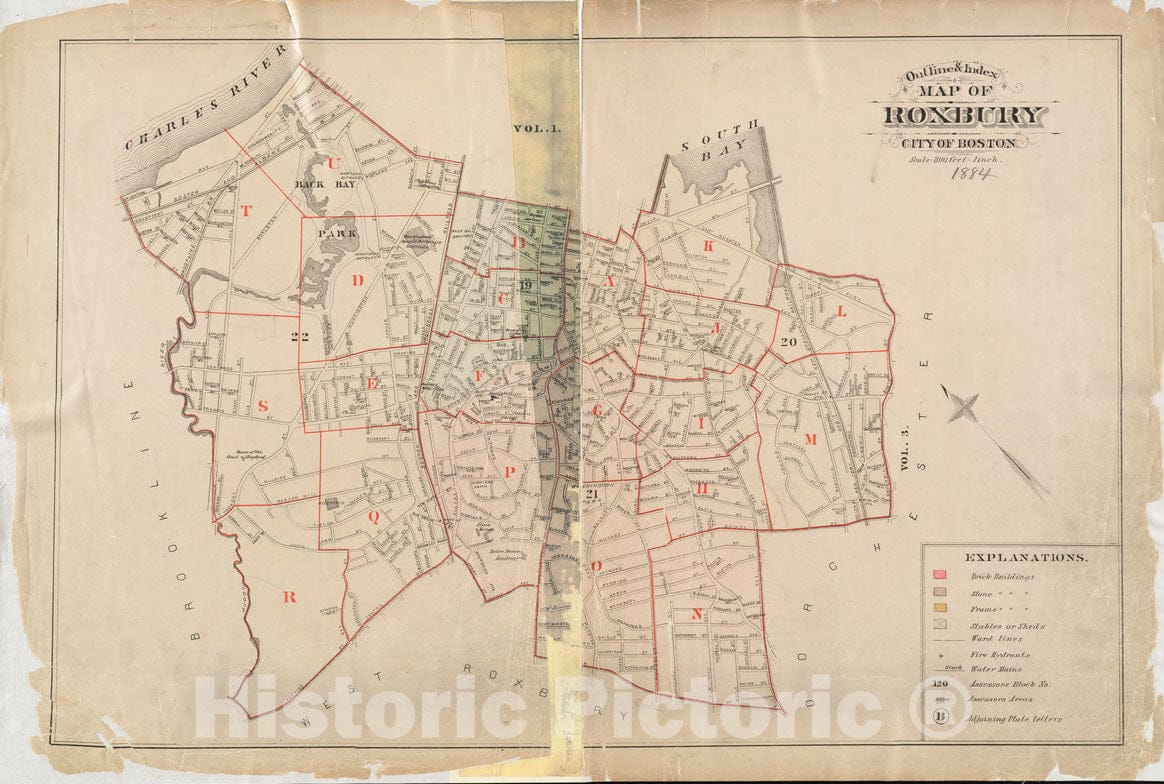 Historical Map, 1884 Outline & Index map of Roxbury, City of Boston, Vintage Wall Art