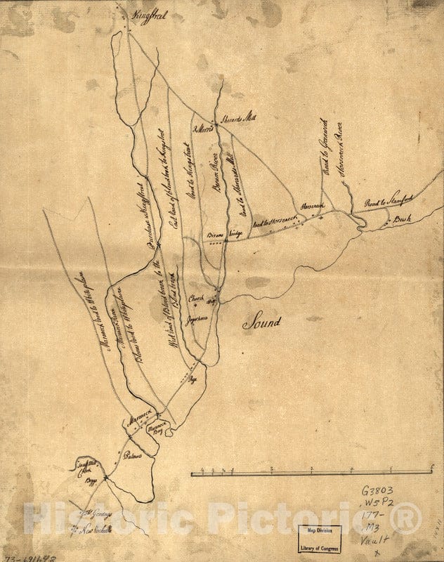 Historical Map, 1770-1779 Map of The Roads from New Rochelle to Kingstreet, Westchester County, Vintage Wall Art