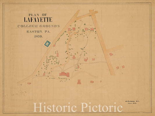 Historical Map, 1870 Plan of Lafayette College Grounds Easton, Pa, Vintage Wall Art