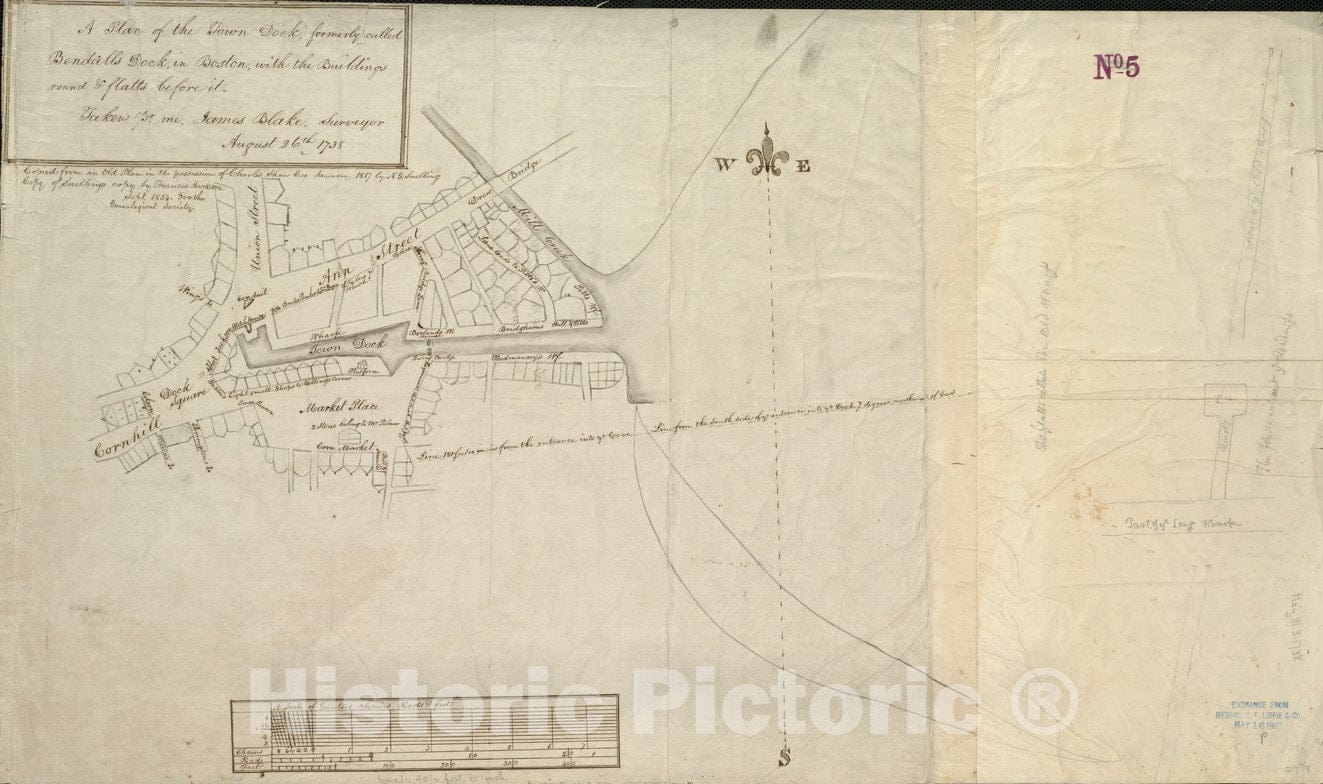 Historical Map, 1854 A Plan of The Town Dock, Formerly Called Bendalls Dock, in Boston, with The Buildings Round & Flats Before it, Vintage Wall Art