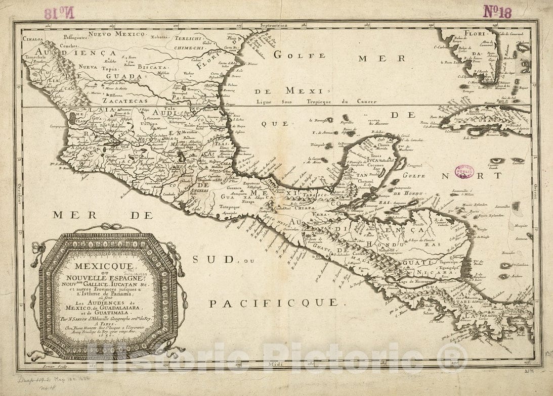 Historical Map, 1656 Mexicque, ou Nouvelle Espagne, Nouvlle. Gallice, Iucatan et Cetera : et autres Provinces jusques a l'Isthme de Panama, ou sont les Audiences, Vintage Wall Art