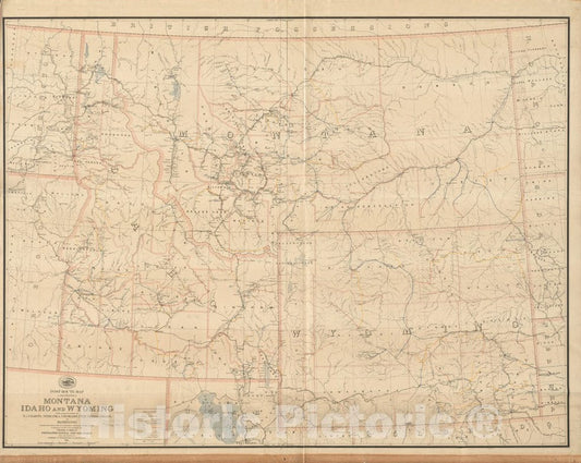Historical Map, 1891 Post Route map of The States of Montana, Idaho and Wyoming with Adjacent Parts of N. & S. Dakota, Nebraska, Colorado, Utah, Nevada, Oregon, Vintage Wall Art