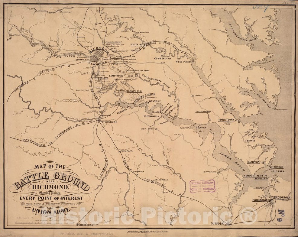 Historical Map, 1862 Map of The Battle Ground Near Richmond, Showing plainly, Every Point of Interest of The Late & Present Position of The Union Army, Vintage Wall Art
