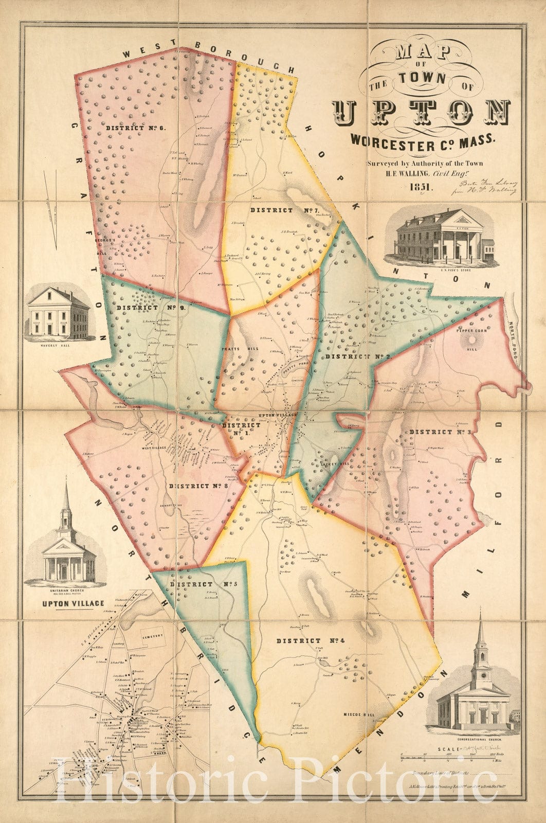 Historical Map, 1851 Map of The Town of Upton, Worcester Co, Mass : surveyed by Authority of The Town, Vintage Wall Art