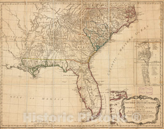 Historical Map, 1776 A General map of The Southern British Colonies in America comprehending North and South Carolina, Georgia, East and West Florida, Vintage Wall Art