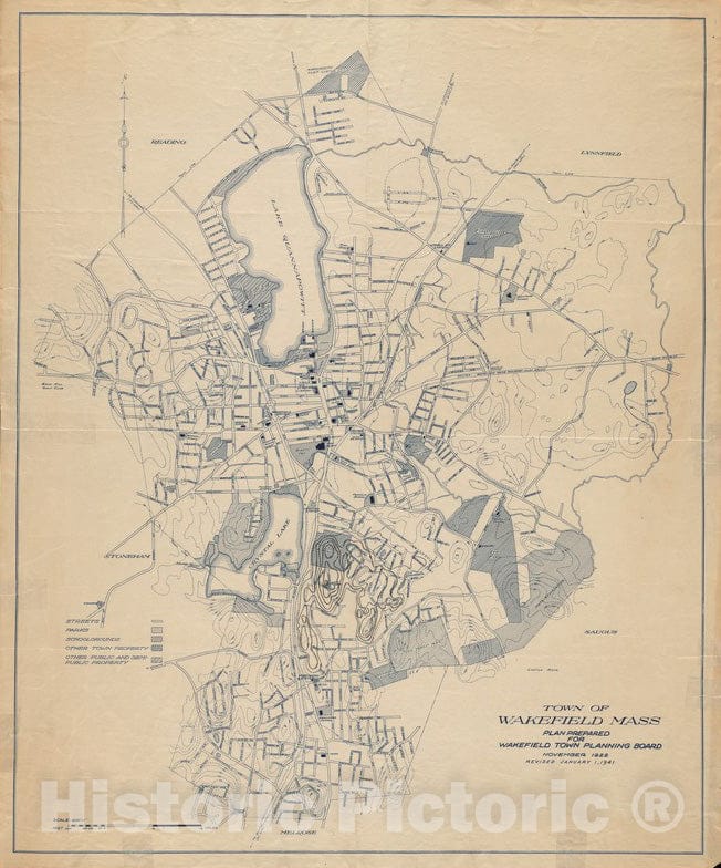 Historical Map, 1924 Town of Wakefield, Mass, Vintage Wall Art