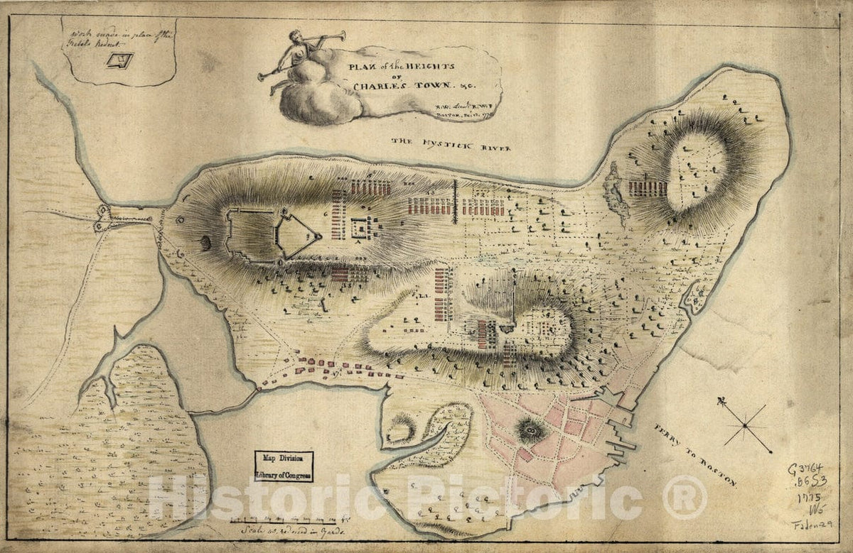 Historical Map, 1775 Plan of The Heights of Charles Town, et Cetera, Vintage Wall Art