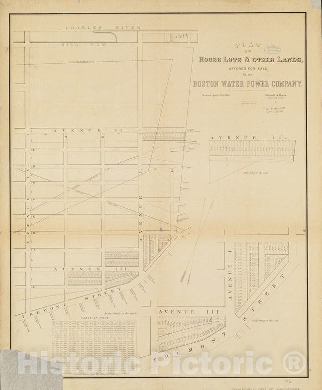 Historical Map, 1855 Plan of House Lots & Other Lands Offered for Sale by The Boston Water Power Company, Vintage Wall Art