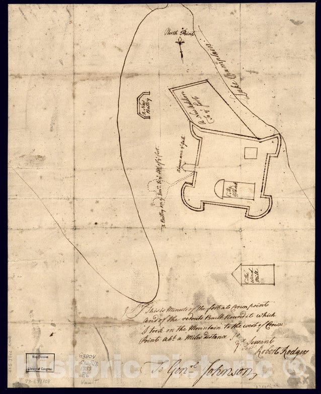 Historical Map, 1755 S[i] r: This is minuts of The Fort at Crown Point and of The redouts Built Round it, Vintage Wall Art