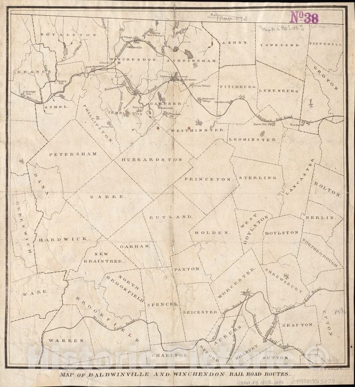 Historical Map, 1850-1859 Map of Baldwinville and Winchendon rail road routes, Vintage Wall Art