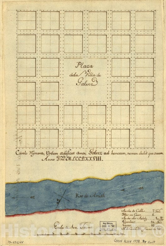 Historical Map, 1778 Plaza de la Villa de Galvez, Vintage Wall Art