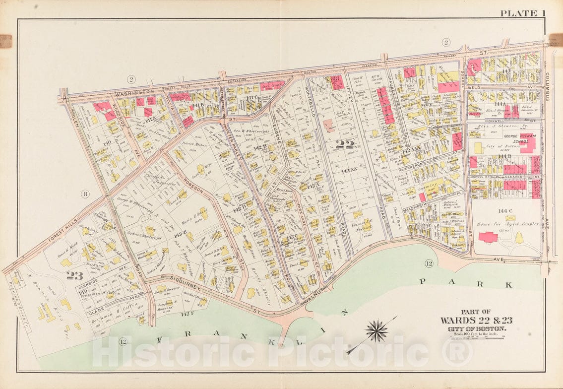 Historical Map, 1905 Atlas of The City of Boston, West Roxbury : Plate 1, Vintage Wall Art