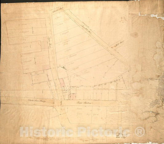 Historical Map, 1810-1820 [Plan of estates on Charles River bridge, Prince Street, Lynn Court, and Snow Hill Street], Vintage Wall Art