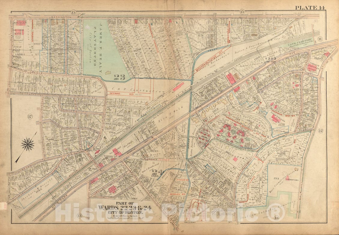 Historical Map, 1924 Atlas of The City of Boston, West Roxbury : Plate 14, Vintage Wall Art