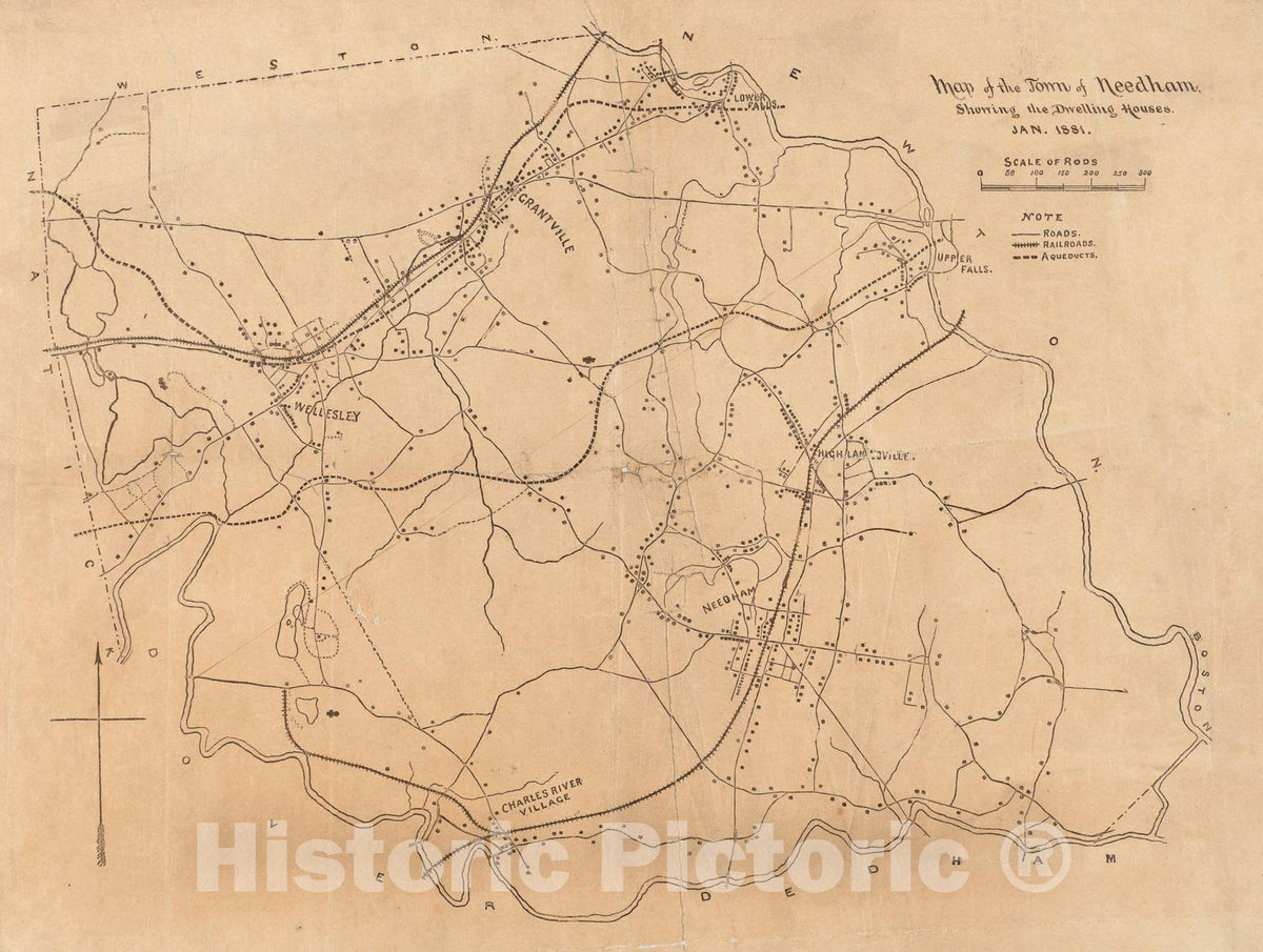 Historical Map, 1881 Map of The Town of Needham, Showing The Dwelling Houses, Vintage Wall Art
