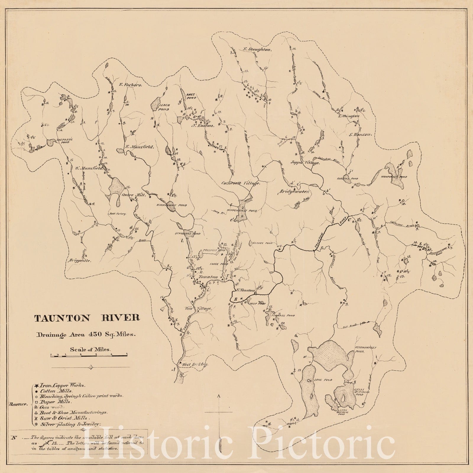 Historical Map, 1876 Taunton River : Drainage Area 450 sq. Miles, Vintage Wall Art