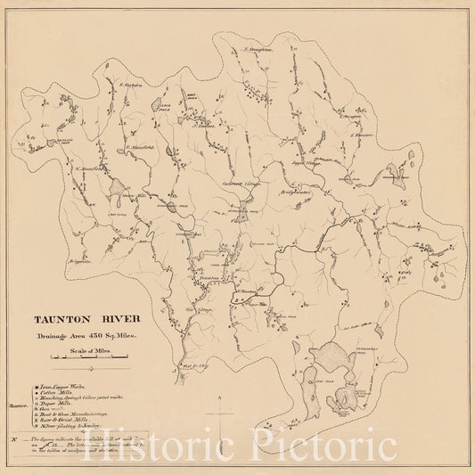 Historical Map, 1876 Taunton River : Drainage Area 450 sq. Miles, Vintage Wall Art