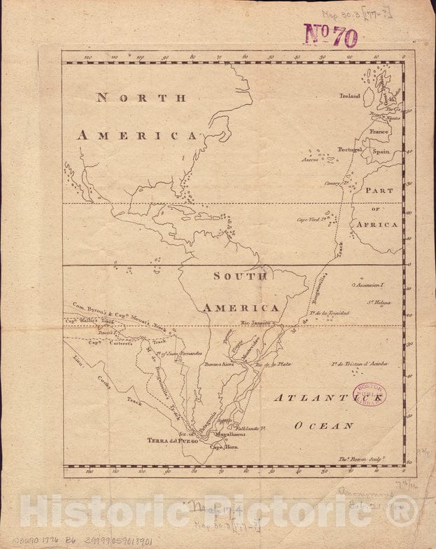 Historical Map, c.1776 chart of the track of the Dolphin, Tamar, Swallow & Endeavour through the South Seas ; & of the track of M. Bougainville round the World, Vintage Wall Art