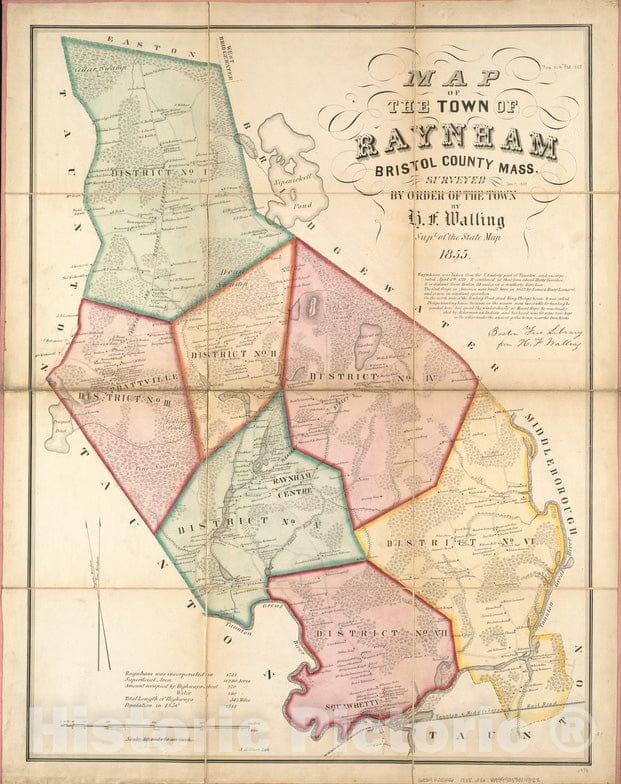 Historical Map, 1855 Map of The Town of Raynham, Bristol County, Mass : surveyed by Order of The Town, Vintage Wall Art