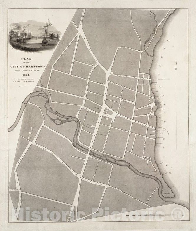 Historical Map, Plan of The City of Hartford from a Survey Made in 1824, Vintage Wall Art