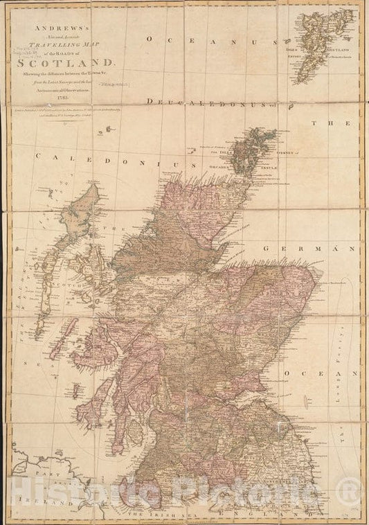 Historical Map, 1783 Andrews's New and Accurate Travelling map of The Roads of Scotland : shewing The Distances Between The Towns et Cetera, Vintage Wall Art