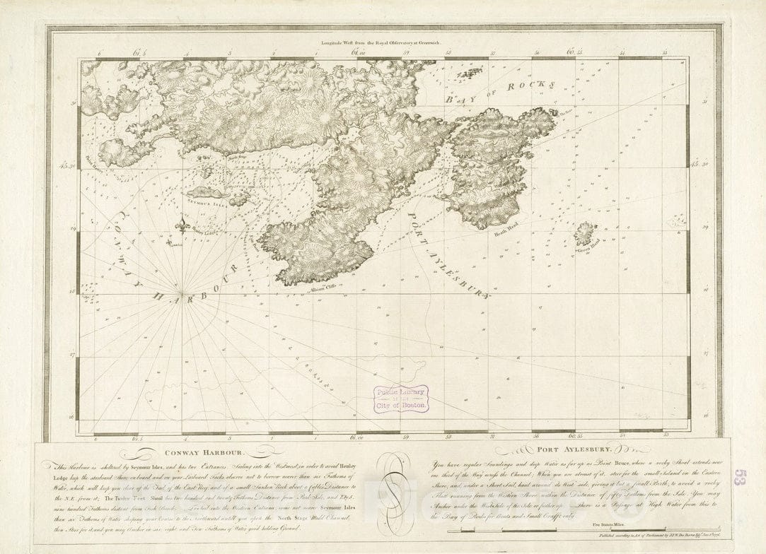 Historical Map, 1776 Conway Harbour : Port Aylesbury, Vintage Wall Art