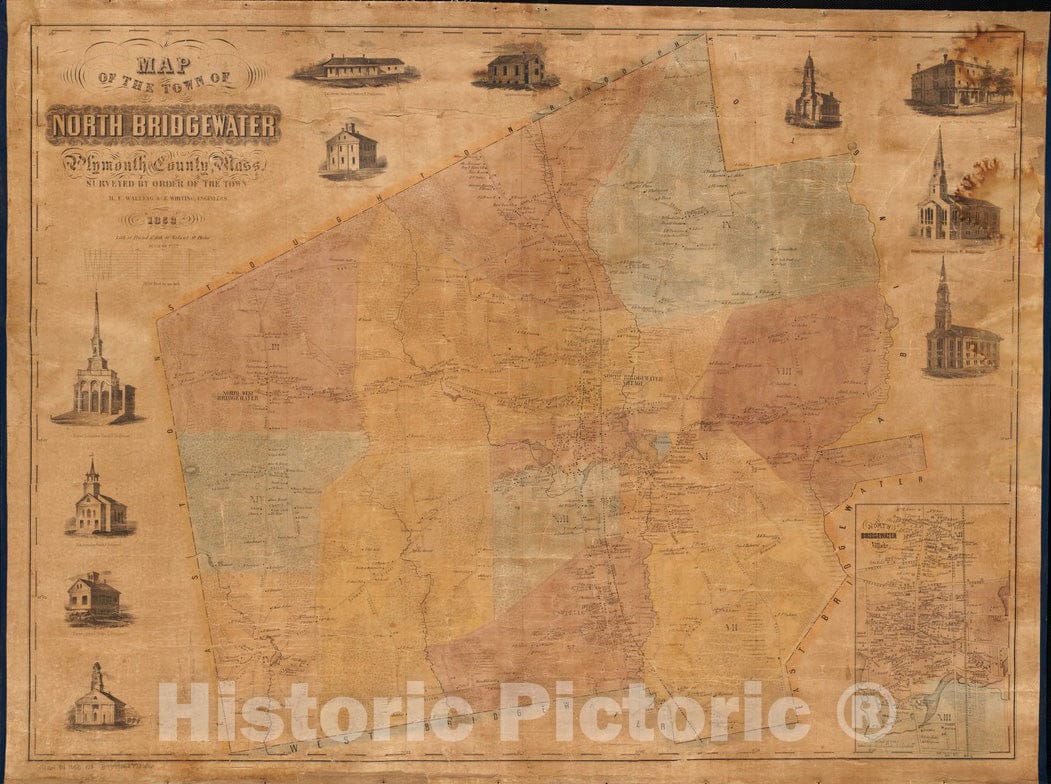 Historical Map, 1853 Map of The Town of North Bridgewater : Plymouth County Mass, surveyed by Order of The Town, Vintage Wall Art